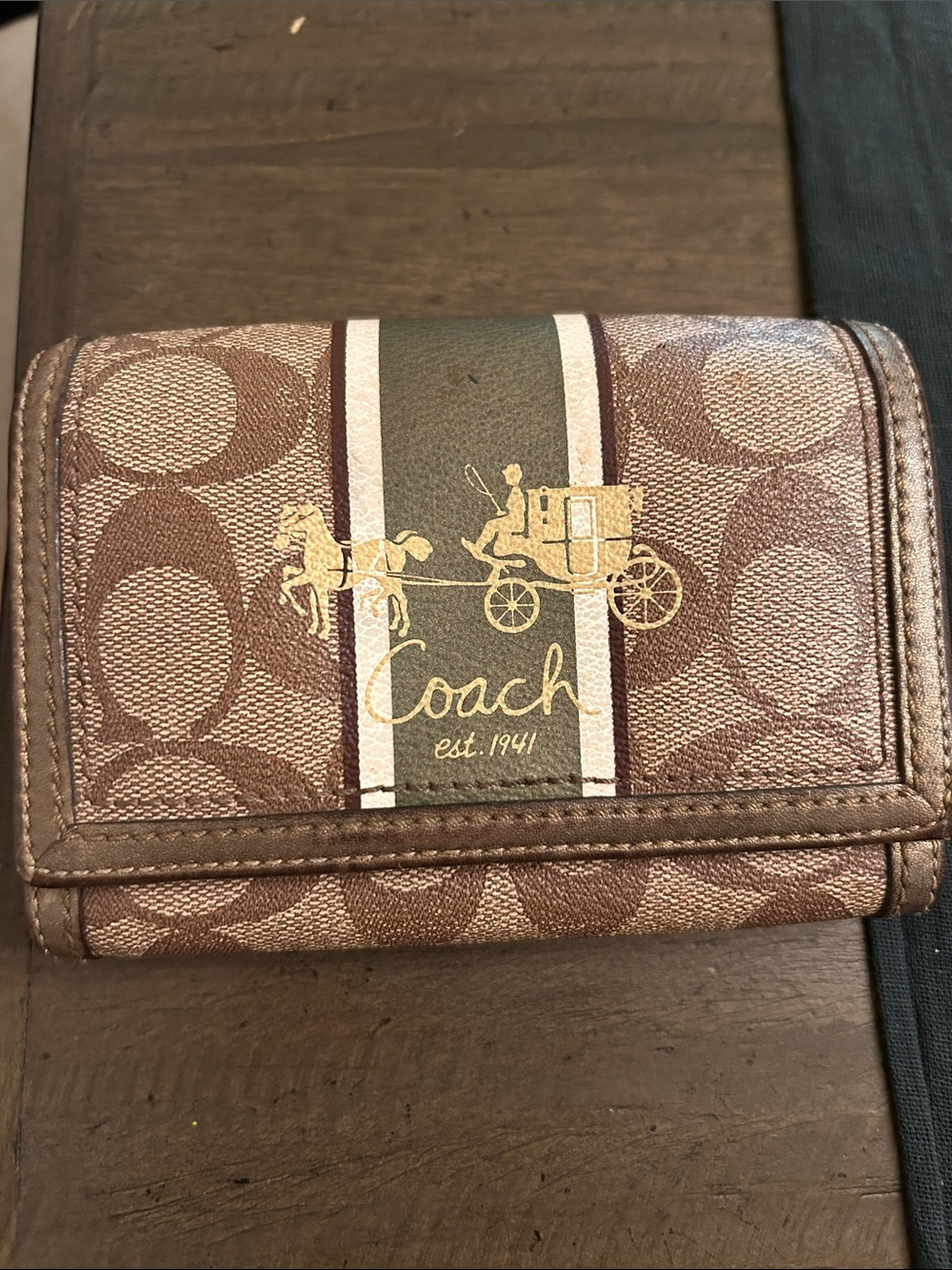 Coach Brown Signature Canvas Wallet with Green & White Stripe